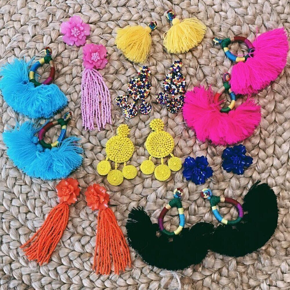 NWT Mochi Hallu Statement Tassel Woven Black Boho Fringe Crochet Big Earrings - Picture 4 of 8